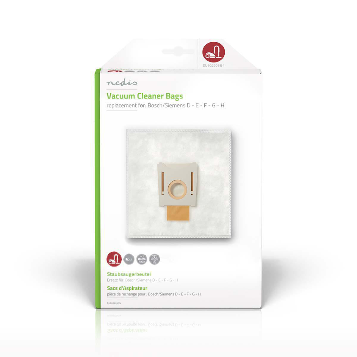 Vacuum cleaner bag package with text in multiple languages. White bag inside.