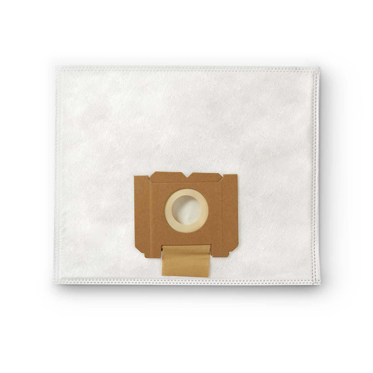 Witte stofzuigerzak met bruine en beige kartonnen connector op een witte achtergrond.