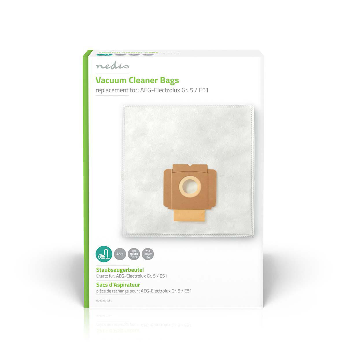 Boîte de sacs d'aspirateur. La boîte est blanche et verte, avec un sac visible à travers l'avant.