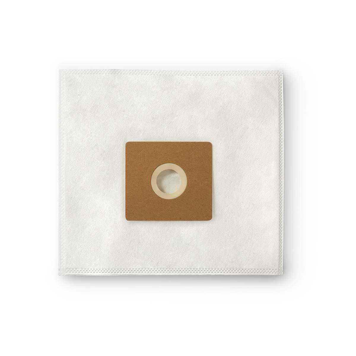 Een witte stofzuigerzak met een bruine, gecentreerde connector op wit.
