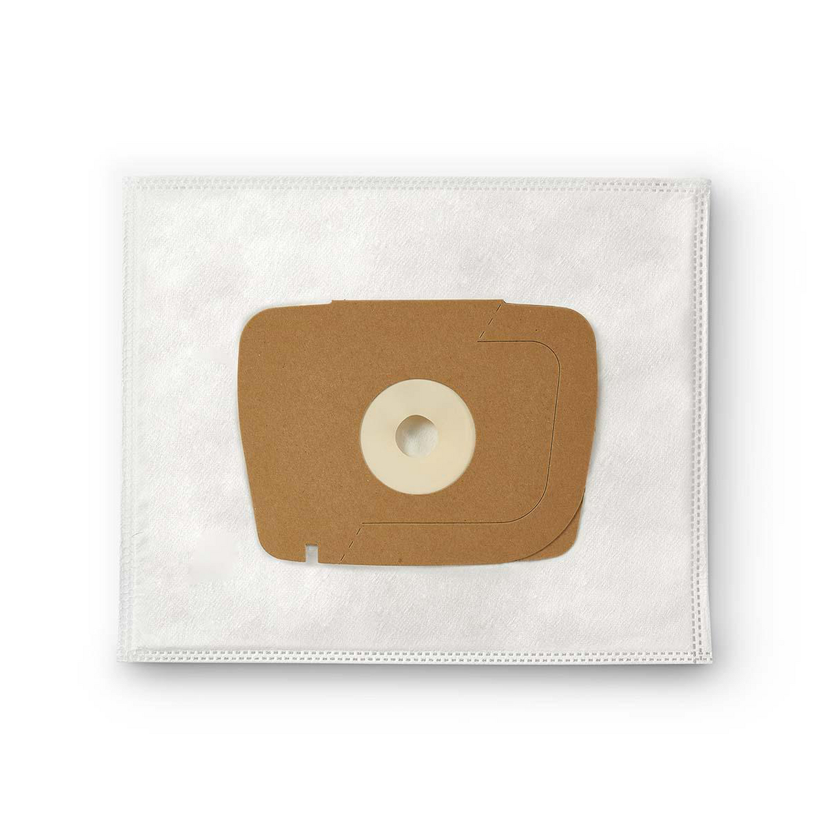Een bruine rechthoekige stofzuigerzak met een centrale cirkelvormige opening, op een witte doek.
