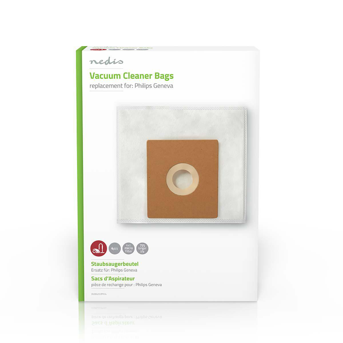 Boîte blanche avec sac d'aspirateur marron. Texte : 'Vacuum Cleaner Bags' et 'Philips Geneva'.