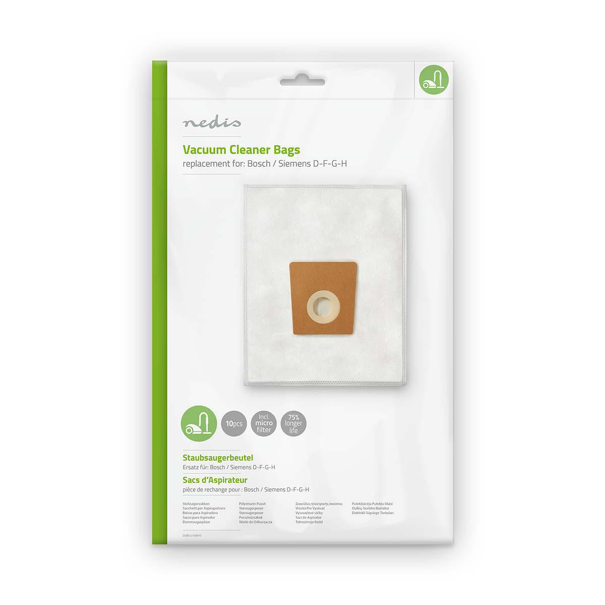 Emballage de sac d'aspirateur. Sac blanc avec filtre central marron et texte vert/noir.