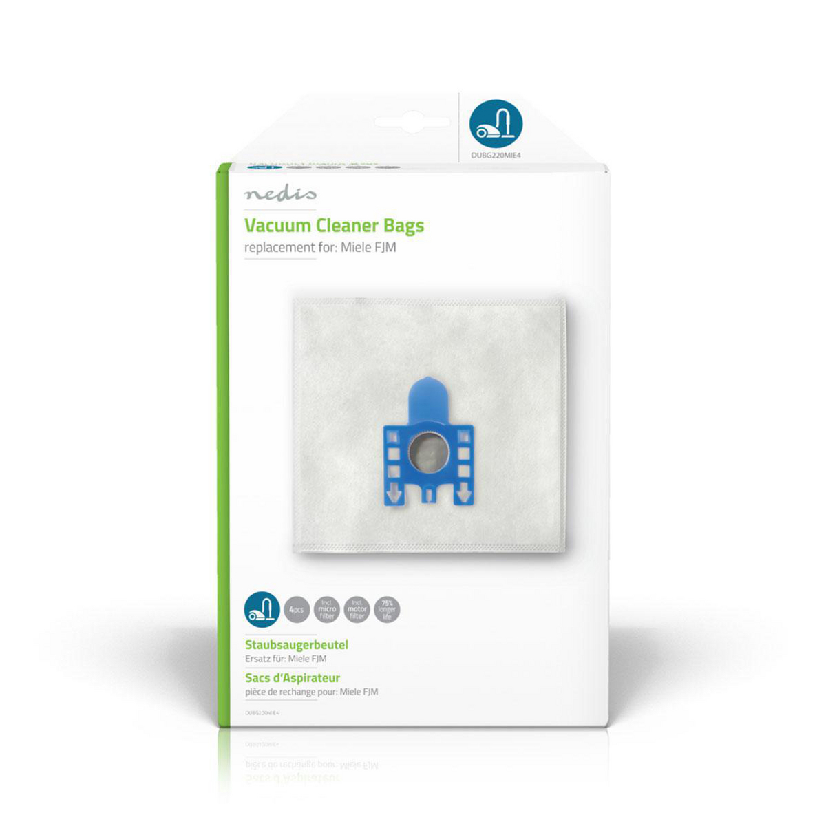 Vacuum cleaner bag package with text and a blue plastic part on white background.