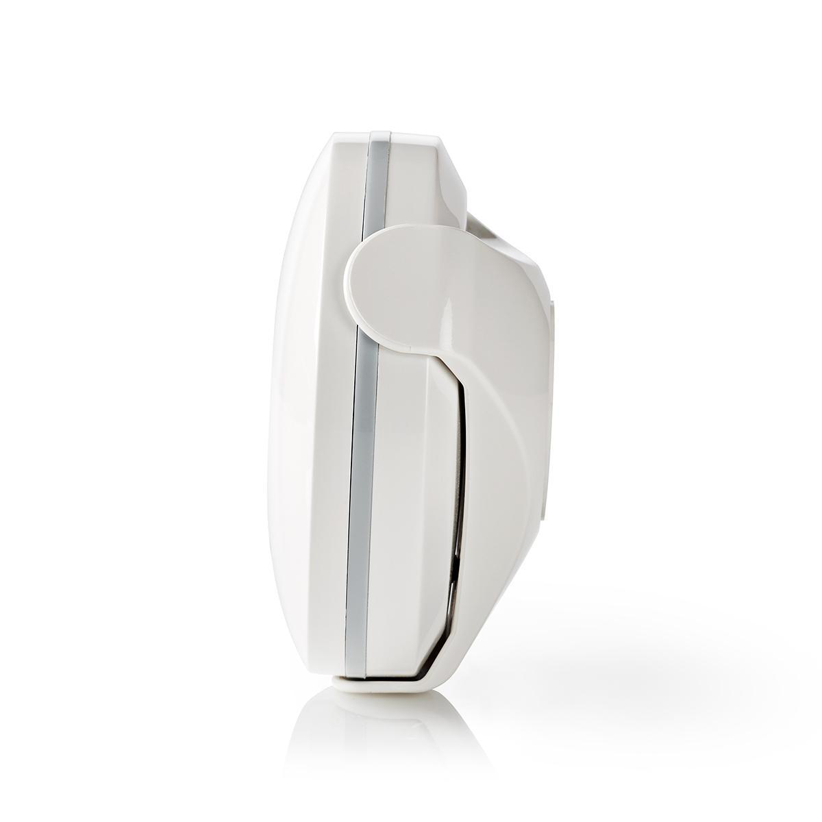 Białe, zakrzywione urządzenie elektroniczne z szarym paskiem i zawiasem.