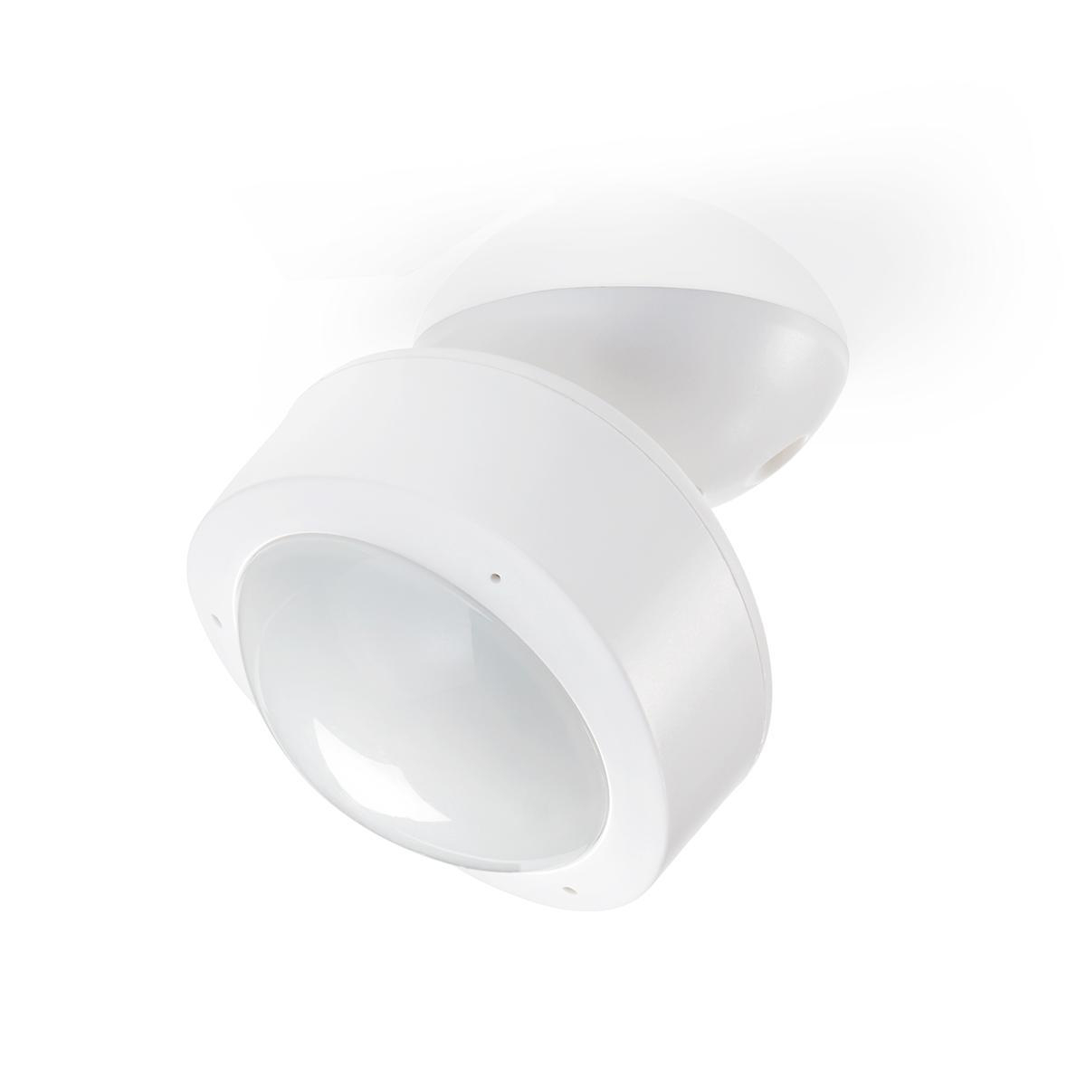 Luce con sensore di movimento bianca. Due parti, una angolata verso l'alto. Sfondo bianco.