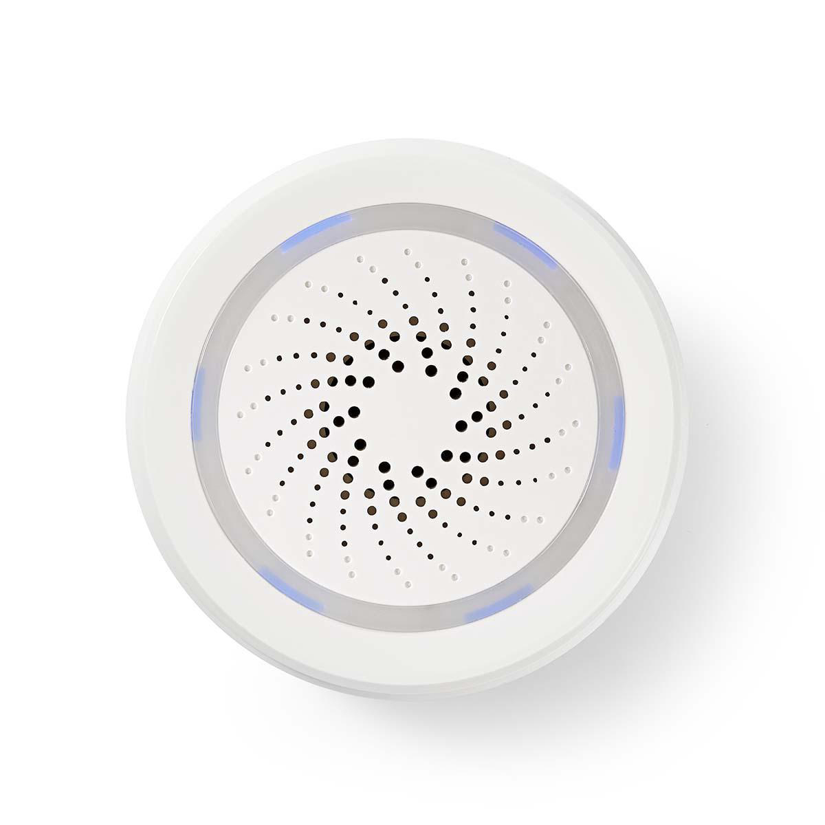 Detector de humo inteligente blanco y redondo con orificio central y luces azules.