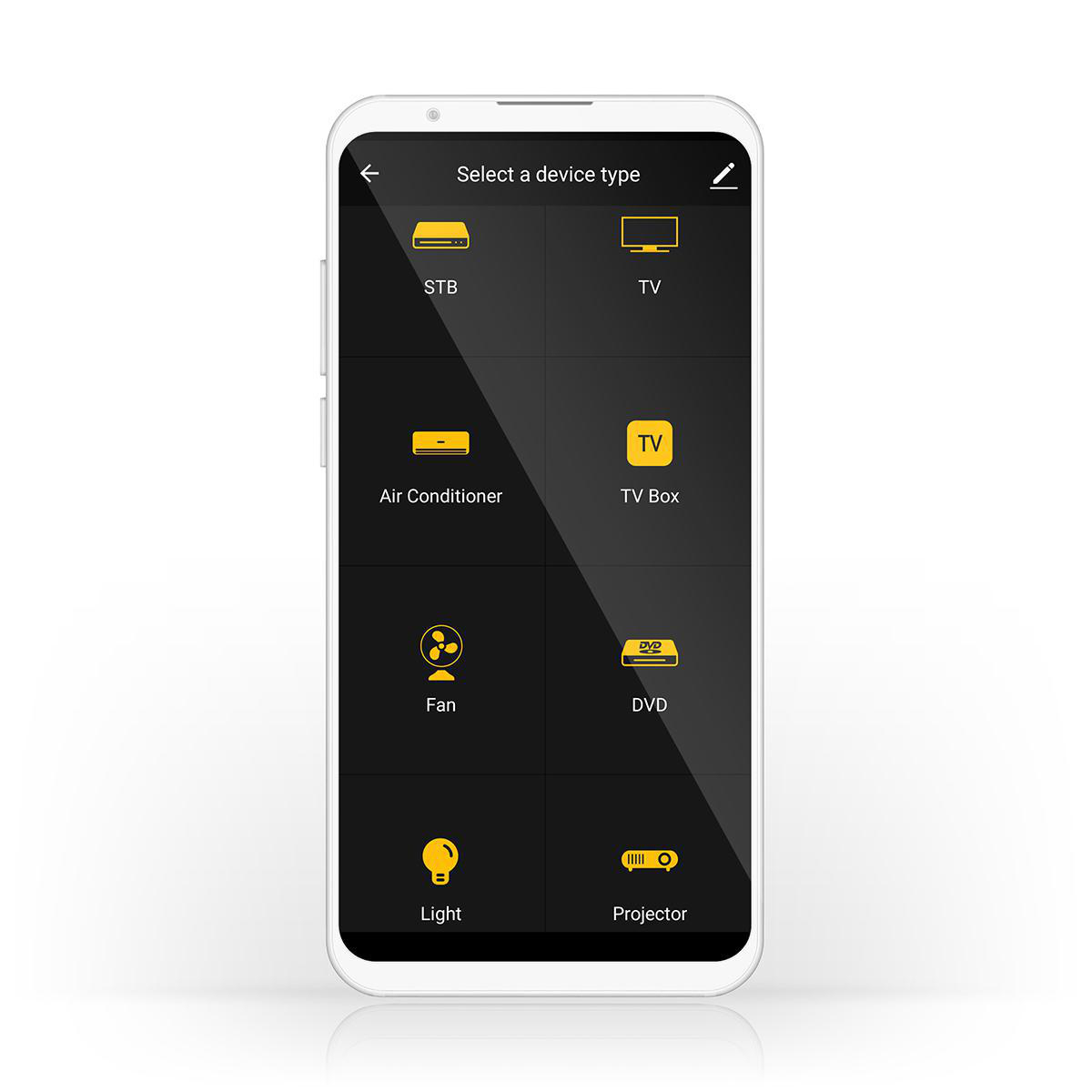 Uno smartphone che mostra icone per diversi tipi di dispositivi: STB, TV, Condizionatore d'aria, TV Box, Ventola, DVD, Luce, Proiettore.