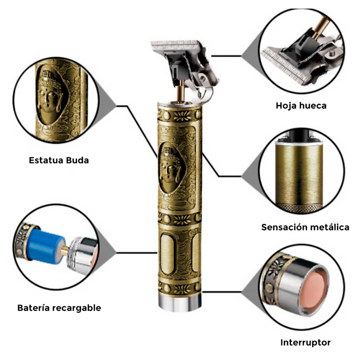 Recortadora de cabello eléctrica dorada con partes etiquetadas y detalle de Buda.