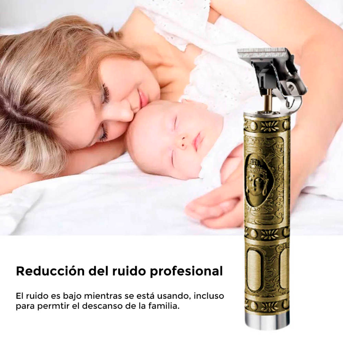 Una mujer y un bebé durmiendo pacíficamente. Una afeitadora vintage en primer plano.