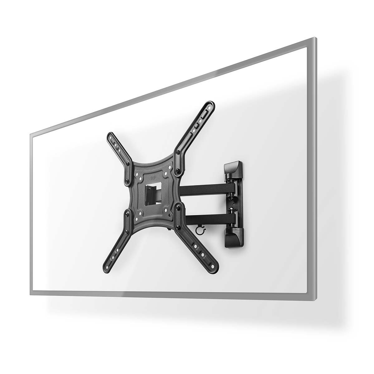 Un support mural TV noir sur fond blanc. Le support a un design complexe.