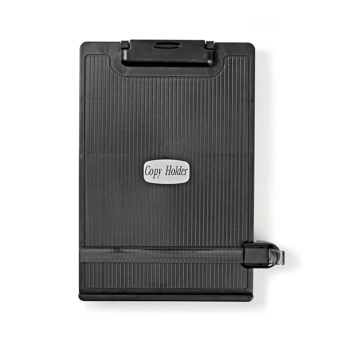 Black copy holder with a textured surface. It has a clip at the top and a button at the bottom.