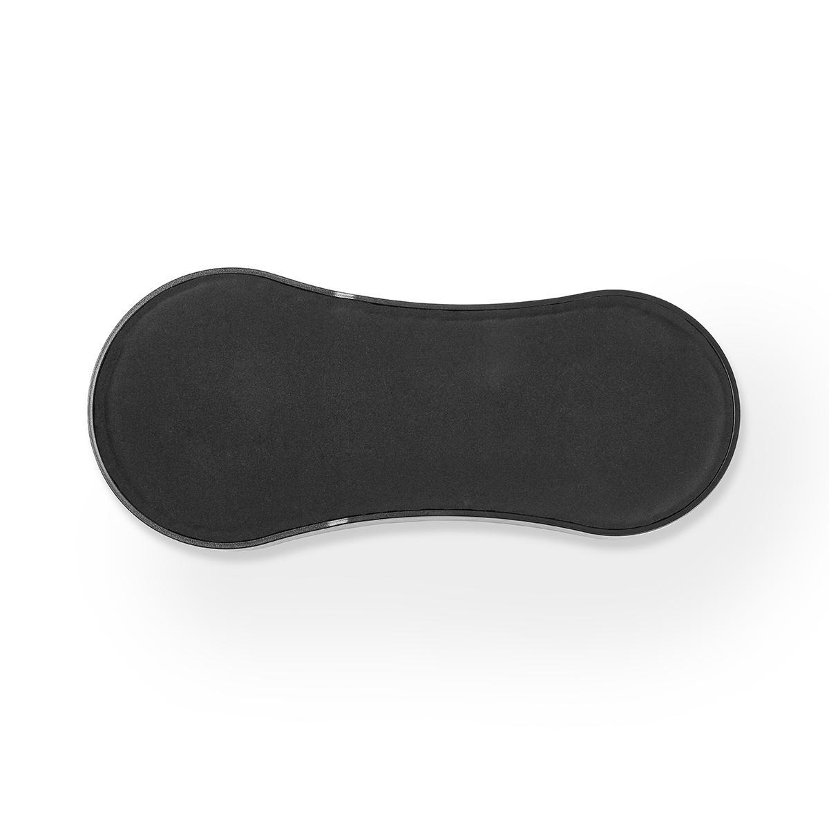 Eine schwarze, ovale Handgelenkauflage auf weißem Hintergrund, Draufsicht.