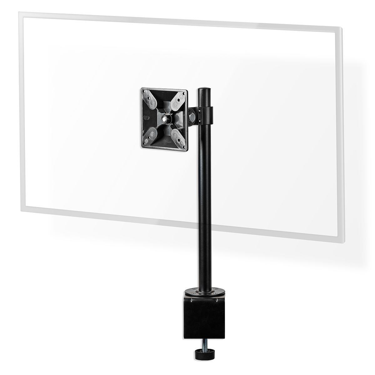 Schwarze Monitorhalterung mit schwarzer Stange und weißem Bildschirmumriss. Weißer Hintergrund.