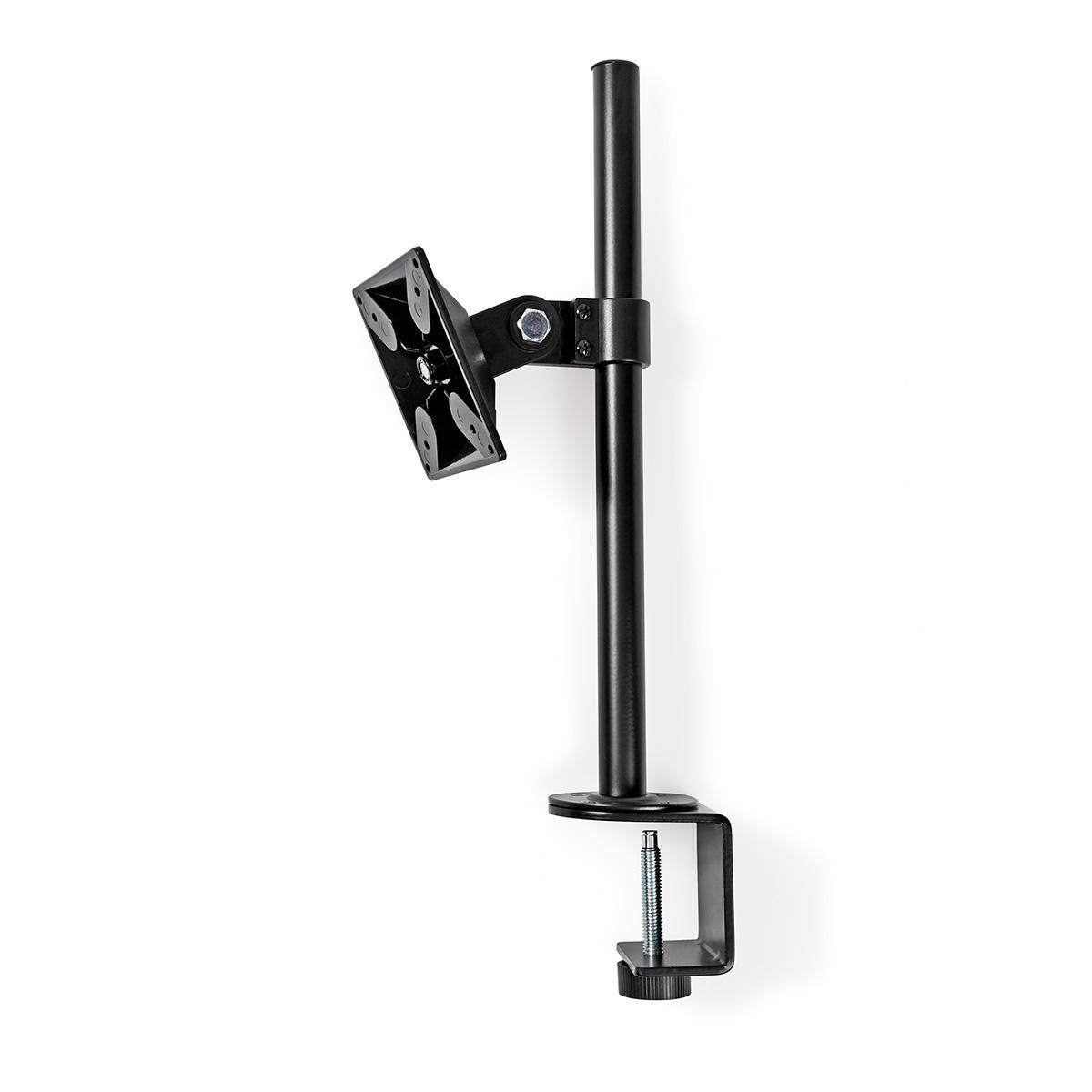 Ein schwarzer Monitorständer mit schwarzem Arm und Klemme. Weißer Hintergrund.