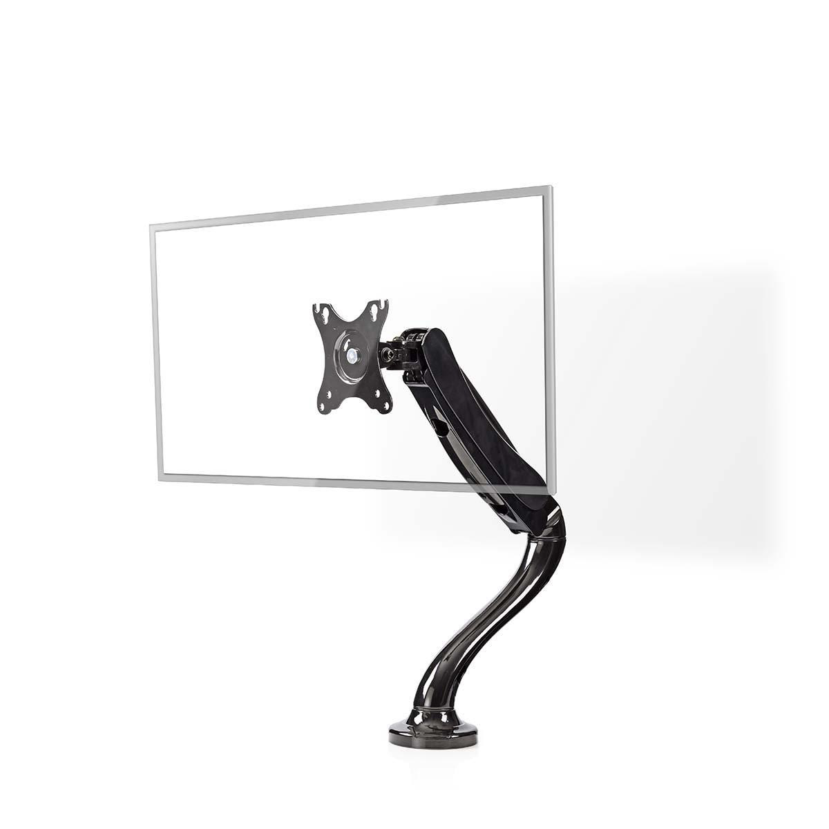 Ein schwarzer Monitorarm mit einem Monitor wird vor weißem Hintergrund angezeigt.