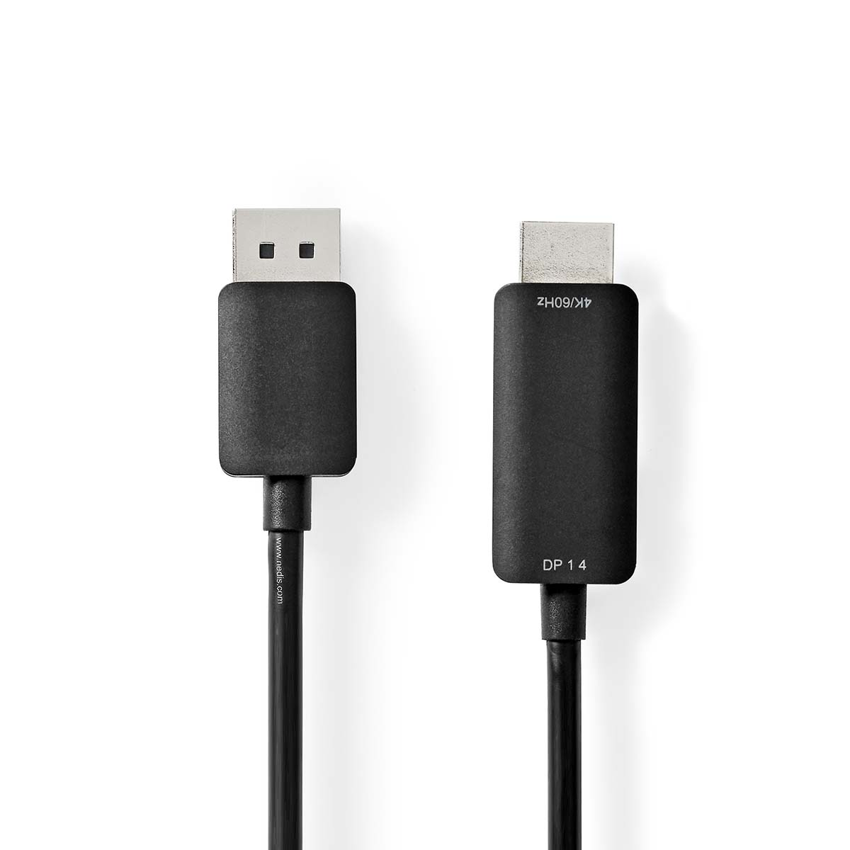 Schwarzes DisplayPort-Kabel. Zwei Enden sind sichtbar. Weißer Hintergrund.