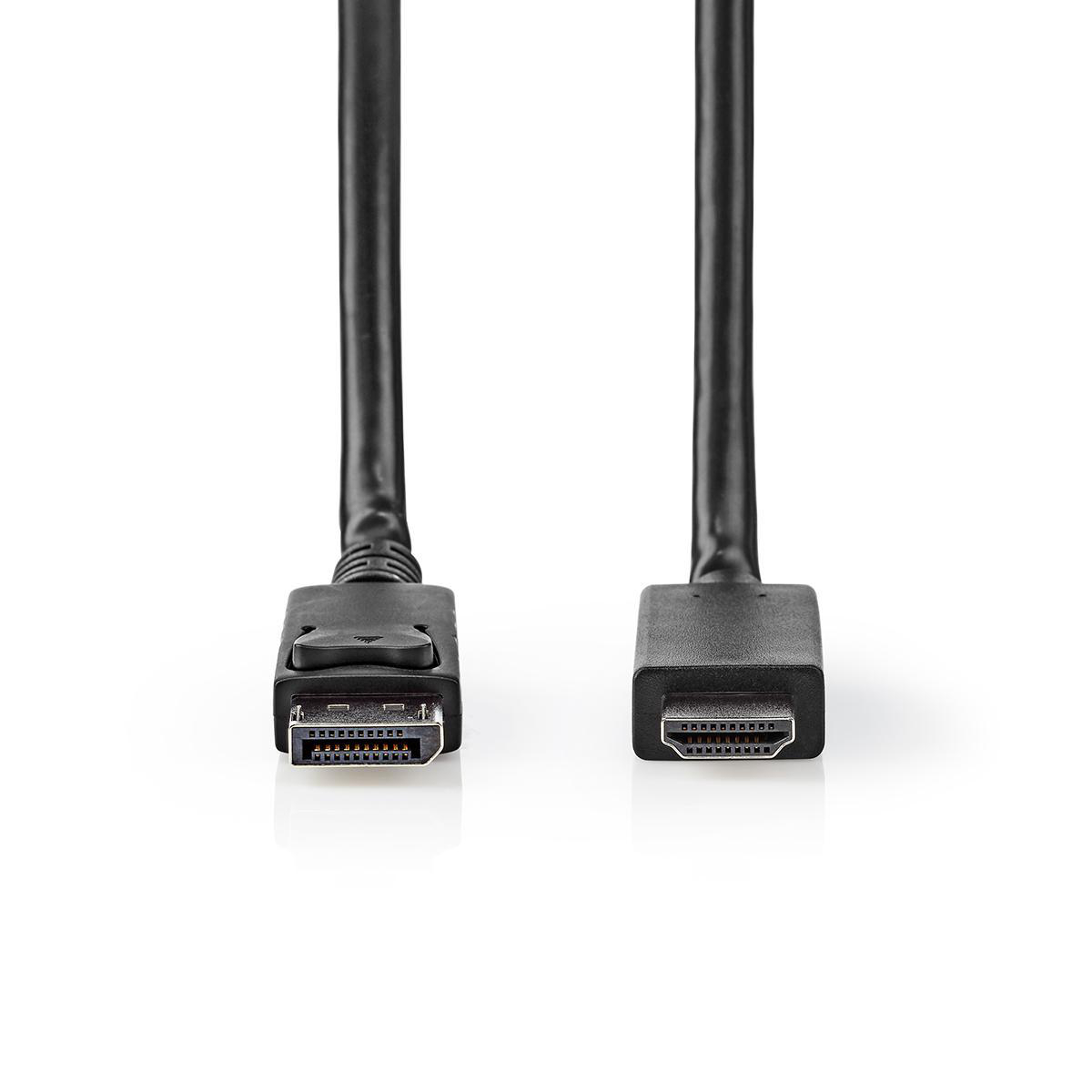 Zwei schwarze Kabel. Eines hat einen DisplayPort-Anschluss, das andere einen HDMI-Anschluss, beide auf weißem Hintergrund.
