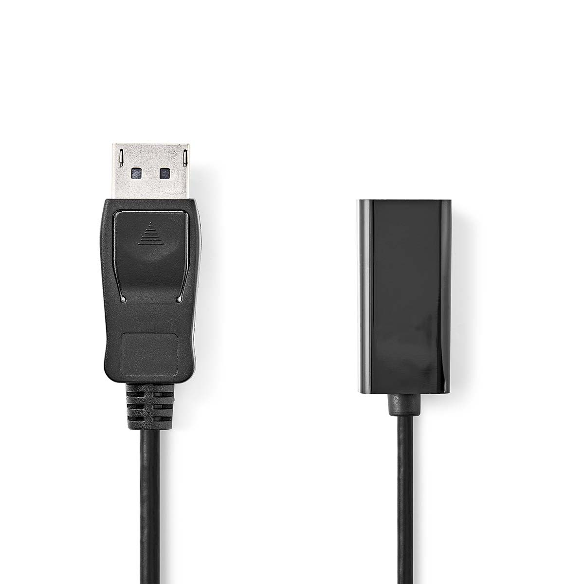 Un cable DisplayPort negro con un adaptador negro, sobre fondo blanco.