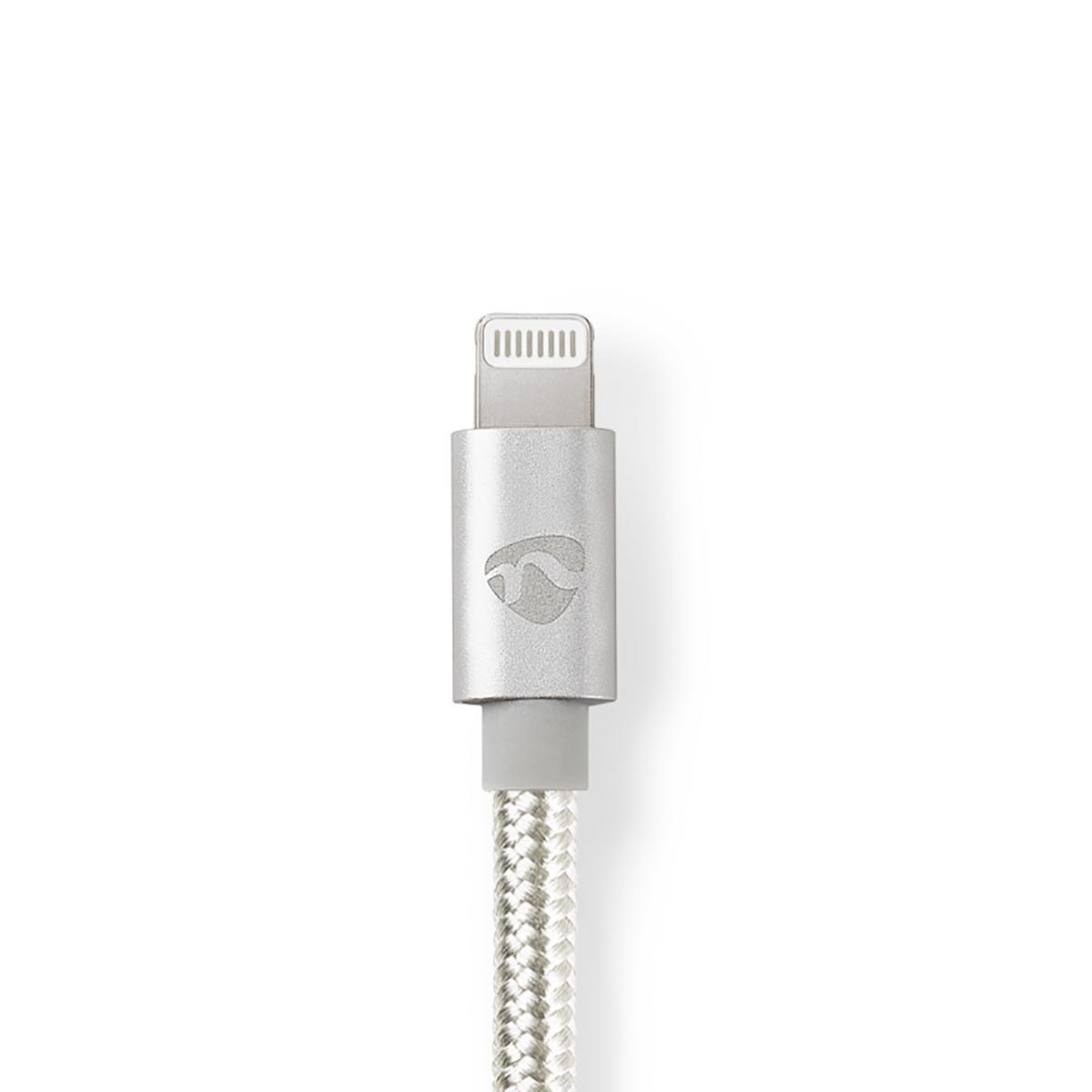 Silbernes Lightning-Kabel mit geflochtenem weiß-silbernem Kabel. Der Hintergrund ist weiß.