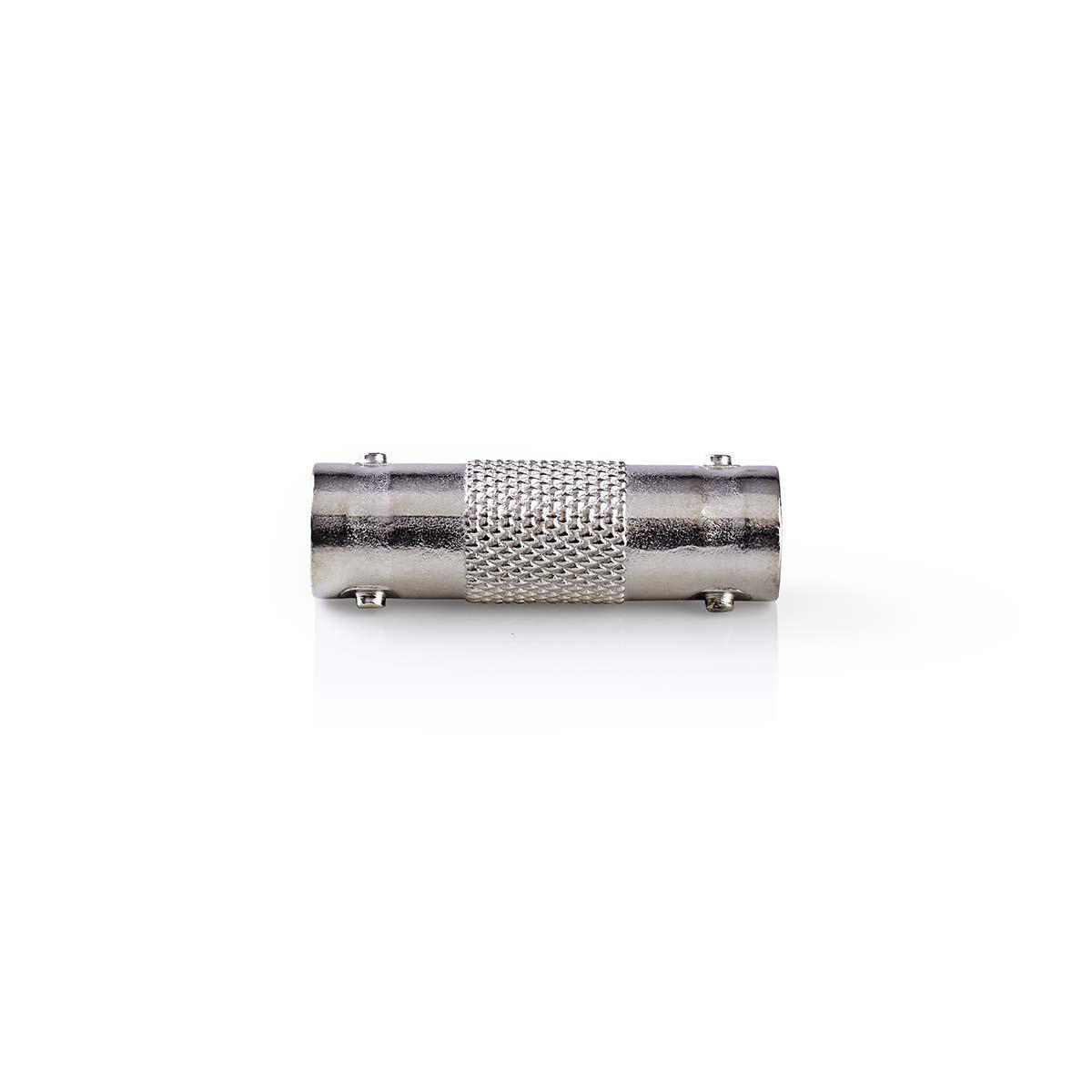 Metallischer BNC-Stecker mit strukturiertem, gerändeltem Mittelteil und kleinen Stiften an jedem Ende.