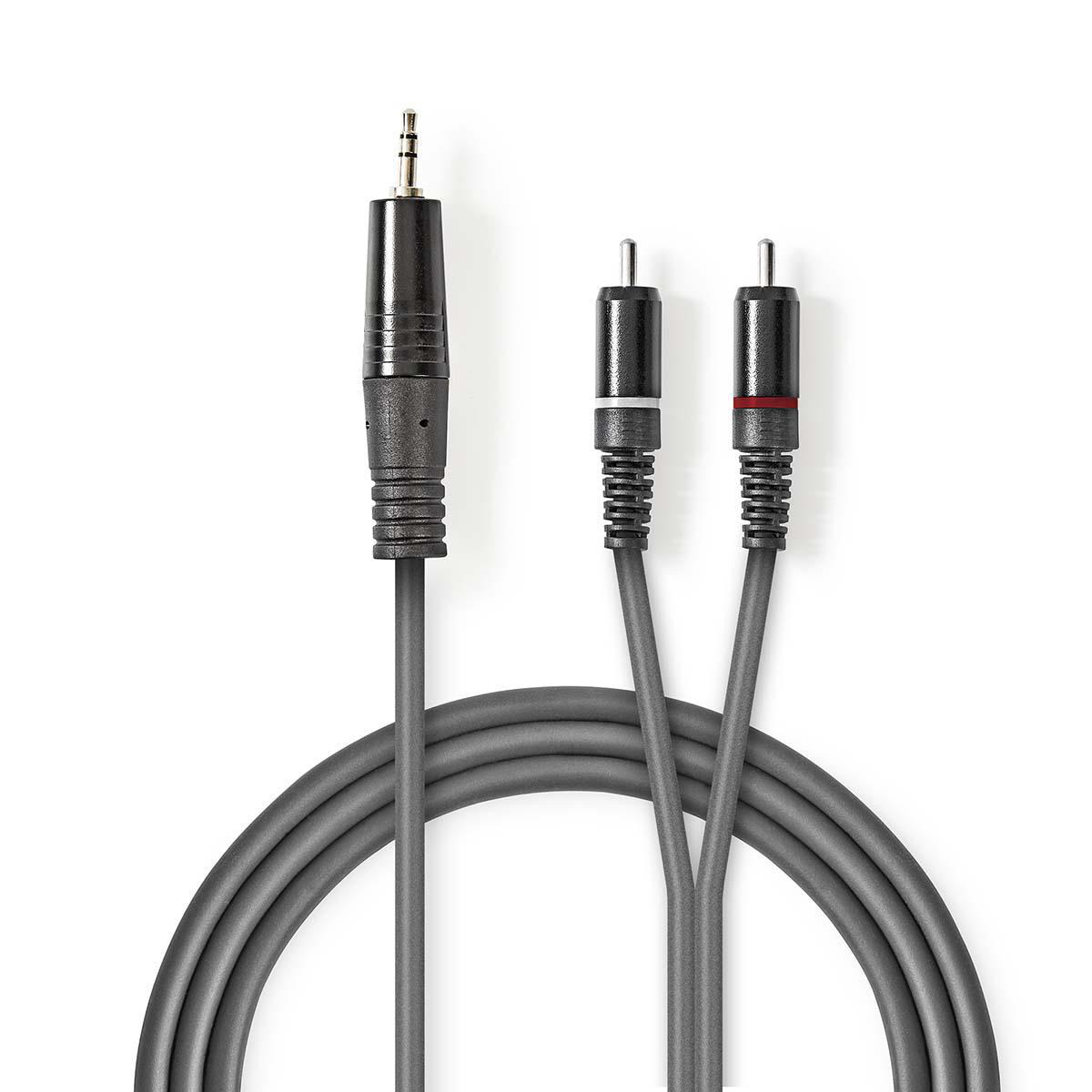 Een grijze audiokabel met een 3,5 mm en twee RCA-connectoren.