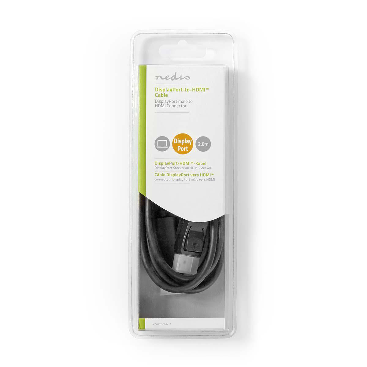Transparante verpakking met een DisplayPort naar HDMI-kabel erin, met productinformatie.