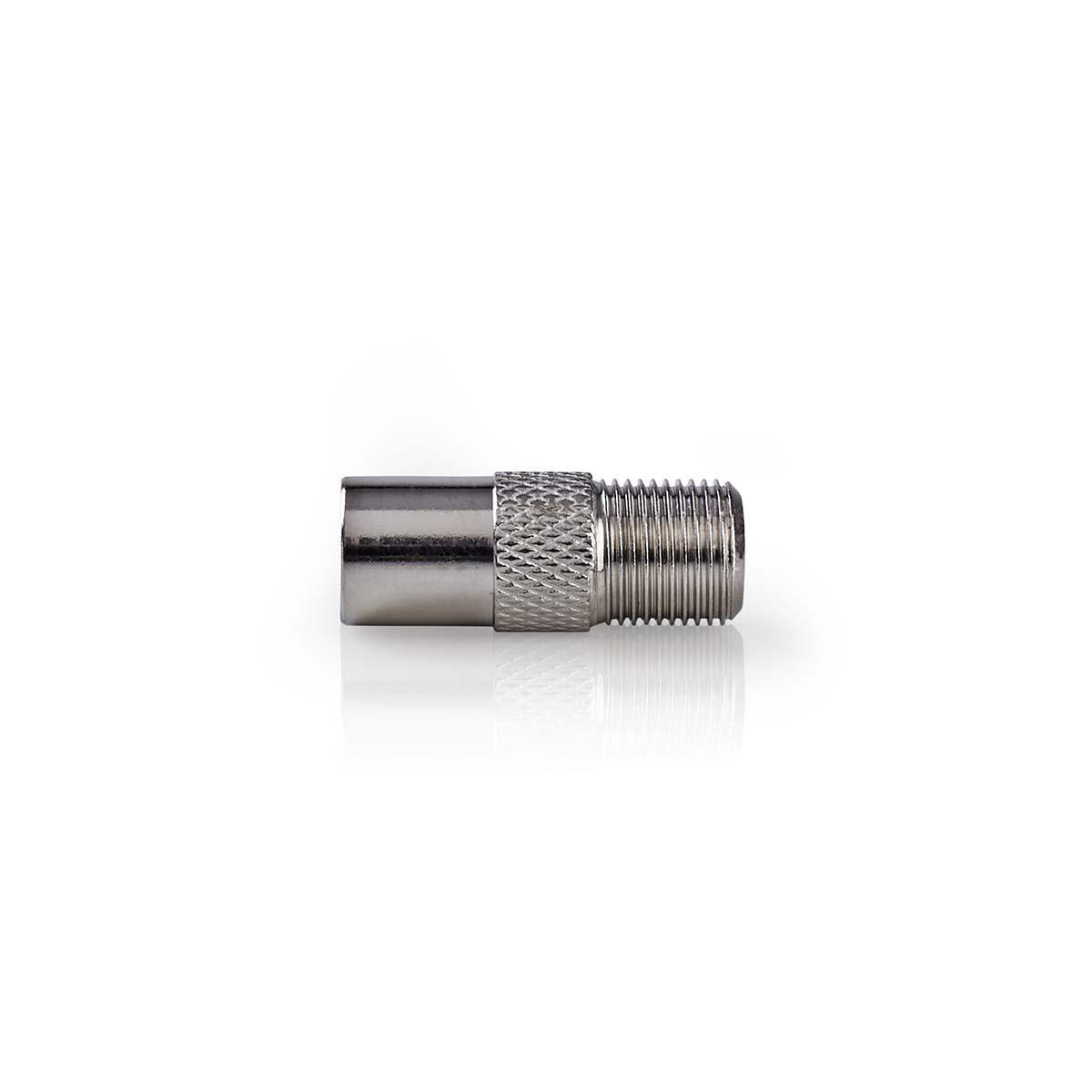Silberner F-Stecker auf Weiß. Männliches Gewinde, für Kabelanschluss.