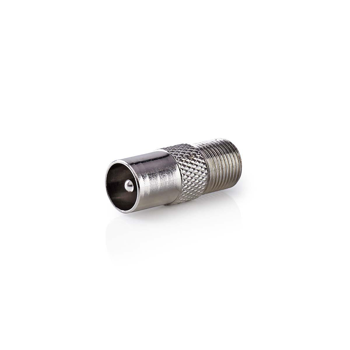 Metallischer silberner F-Stecker für ein Antennenkabel. Weißer Hintergrund.