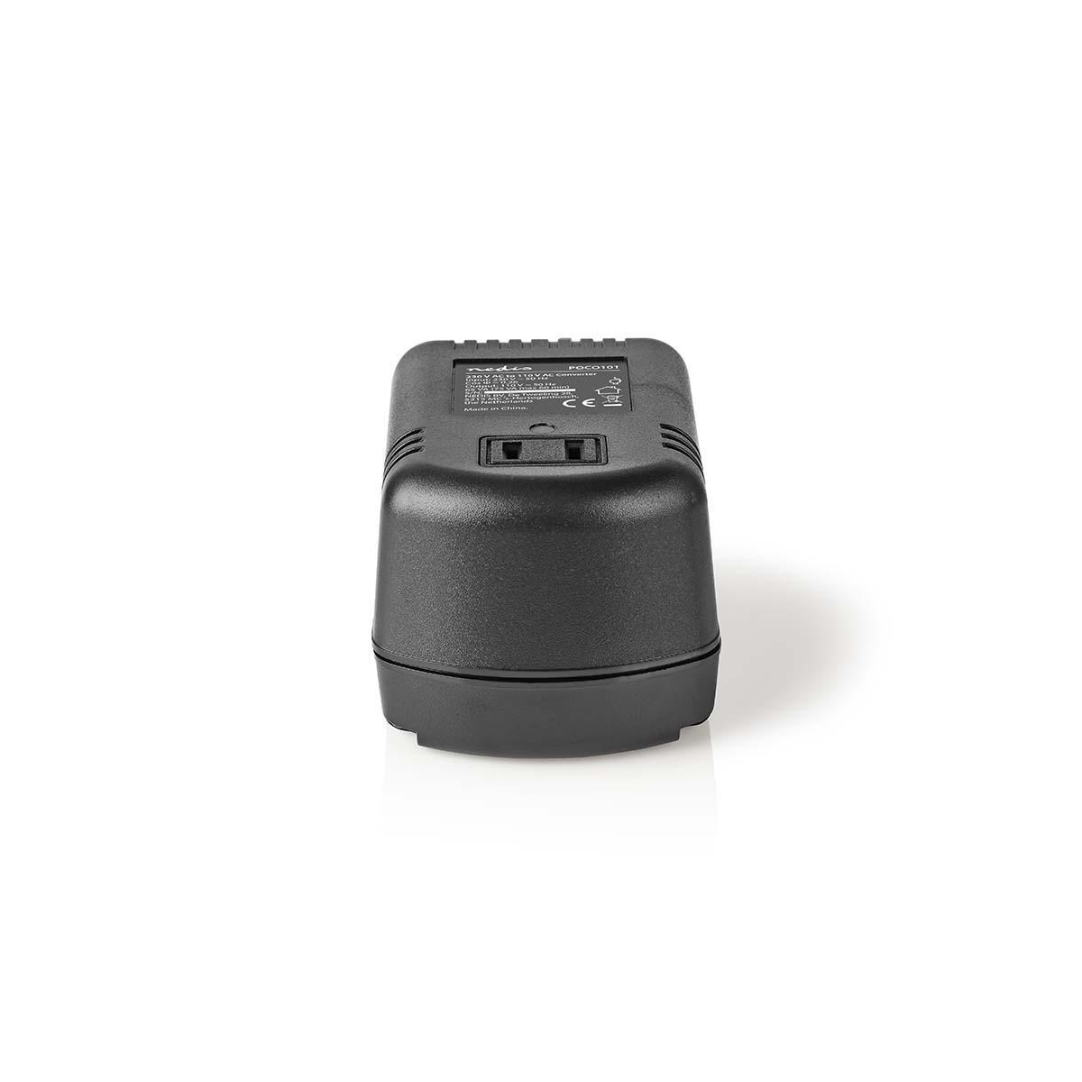 Czarny zasilacz, z dwoma bolcami po jednej stronie. Druga strona ma gniazdo zasilania.