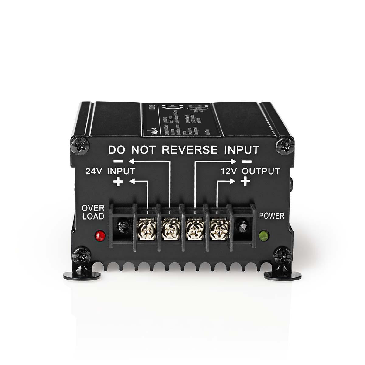 Zwarte DC-DC converter met input en output labels. Overbelasting en power LED indicatoren.