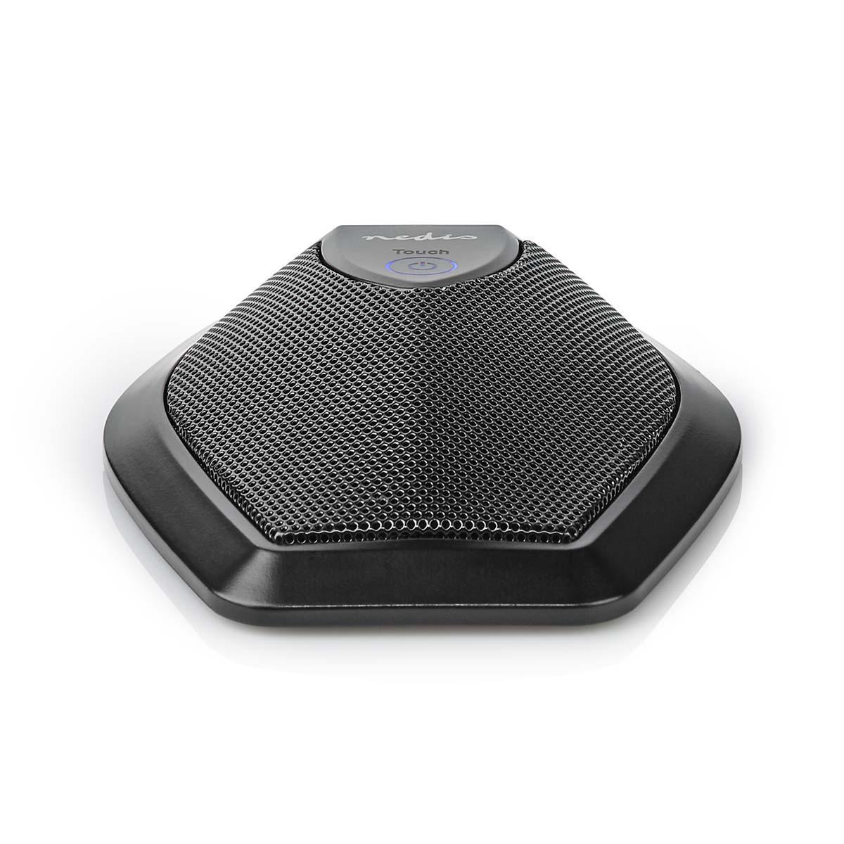 Czarny mikrofon dotykowy z siatkową górą na białym tle.