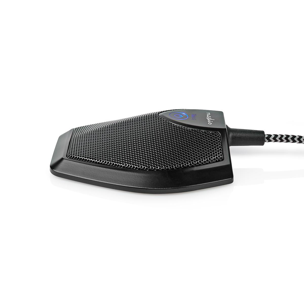 Czarny mikrofon z siatkową osłoną, podłączony do czarno-białego kabla w paski.