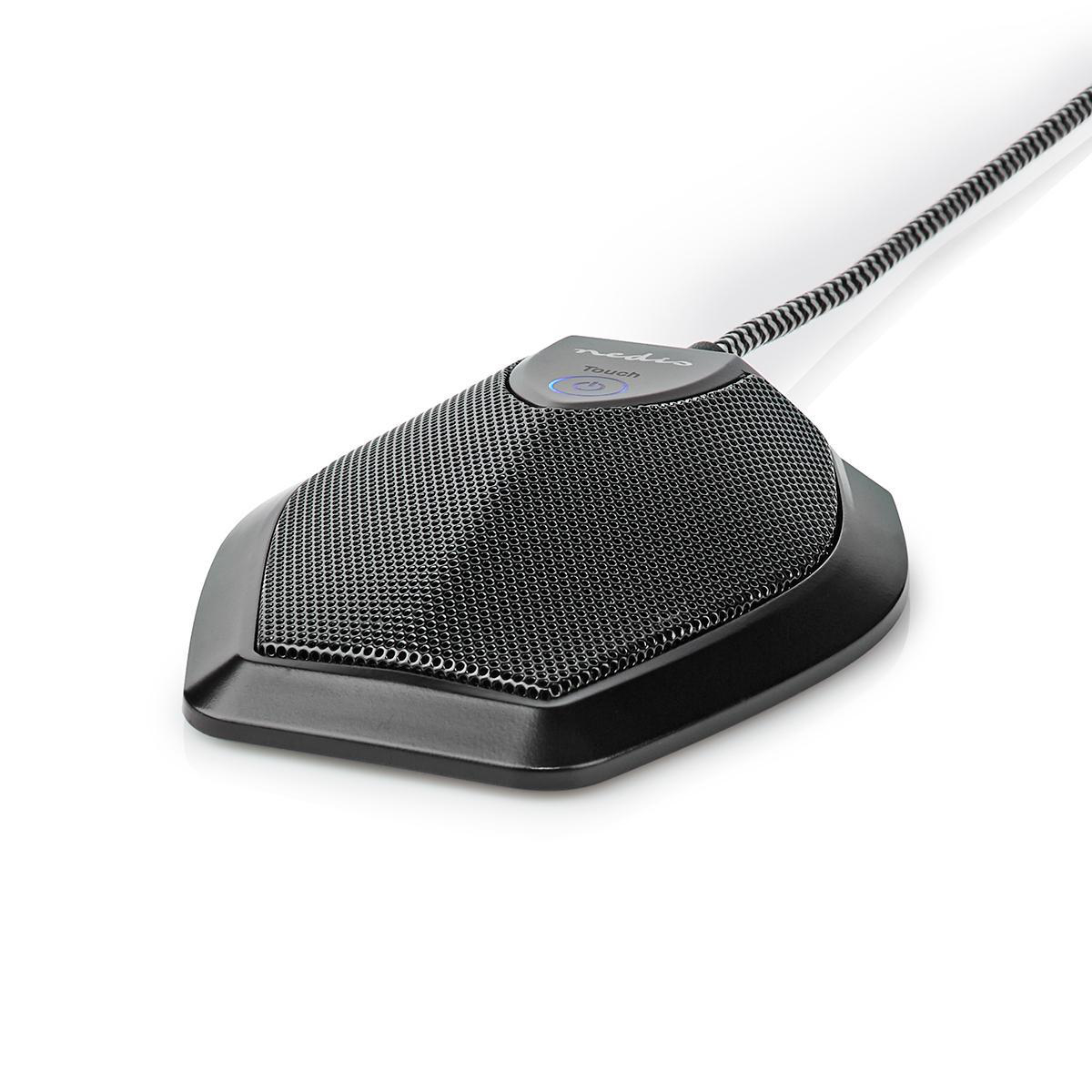 Czarny mikrofon ze statywem i przyciskiem dotykowym na białym tle.