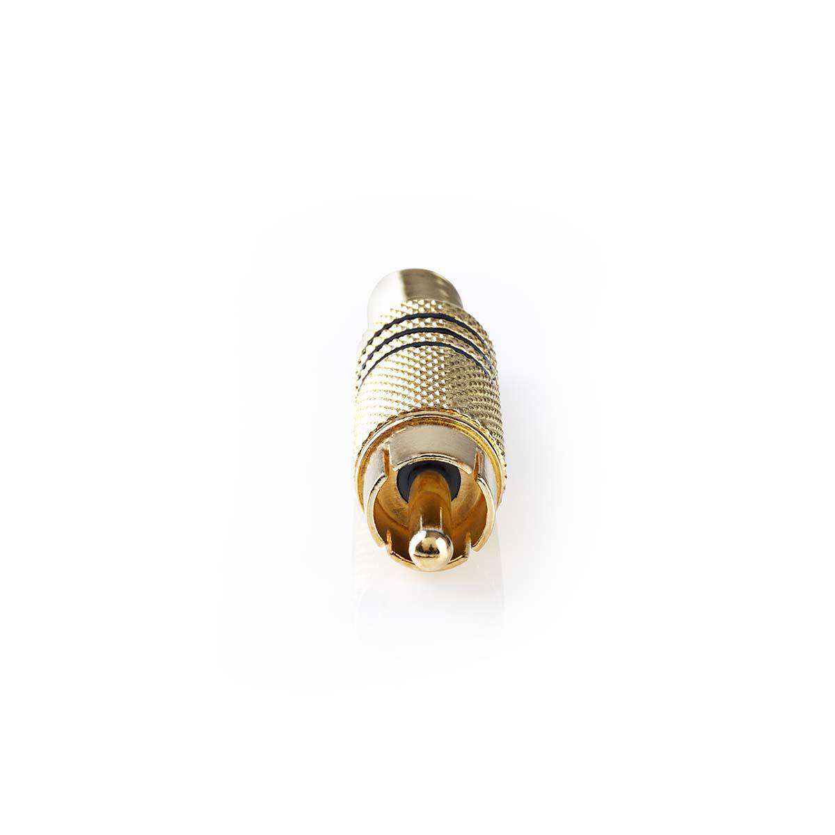 Gold RCA connector, angled and centered on a white background. 