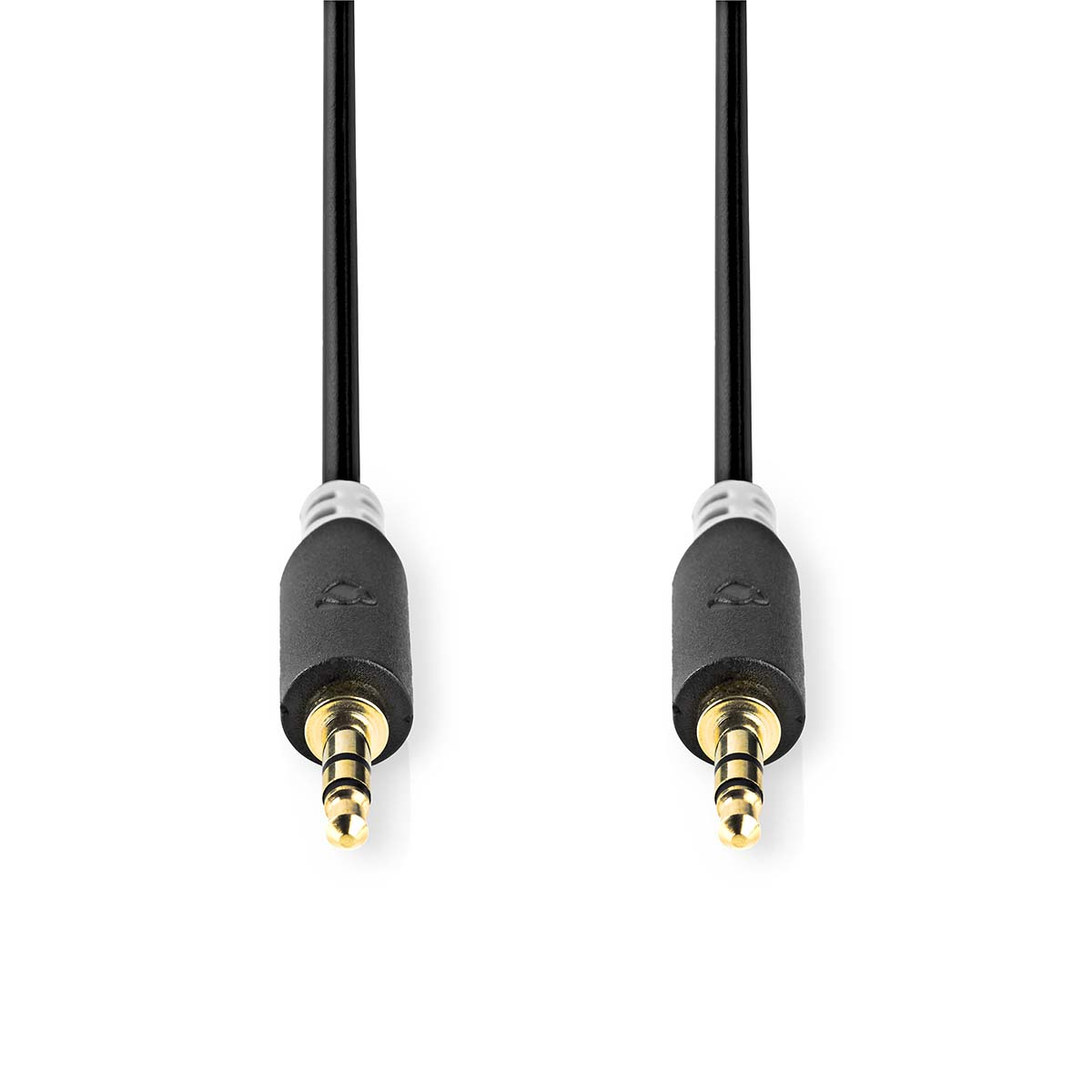 Black and gold 3.5mm audio cable connectors. White background.