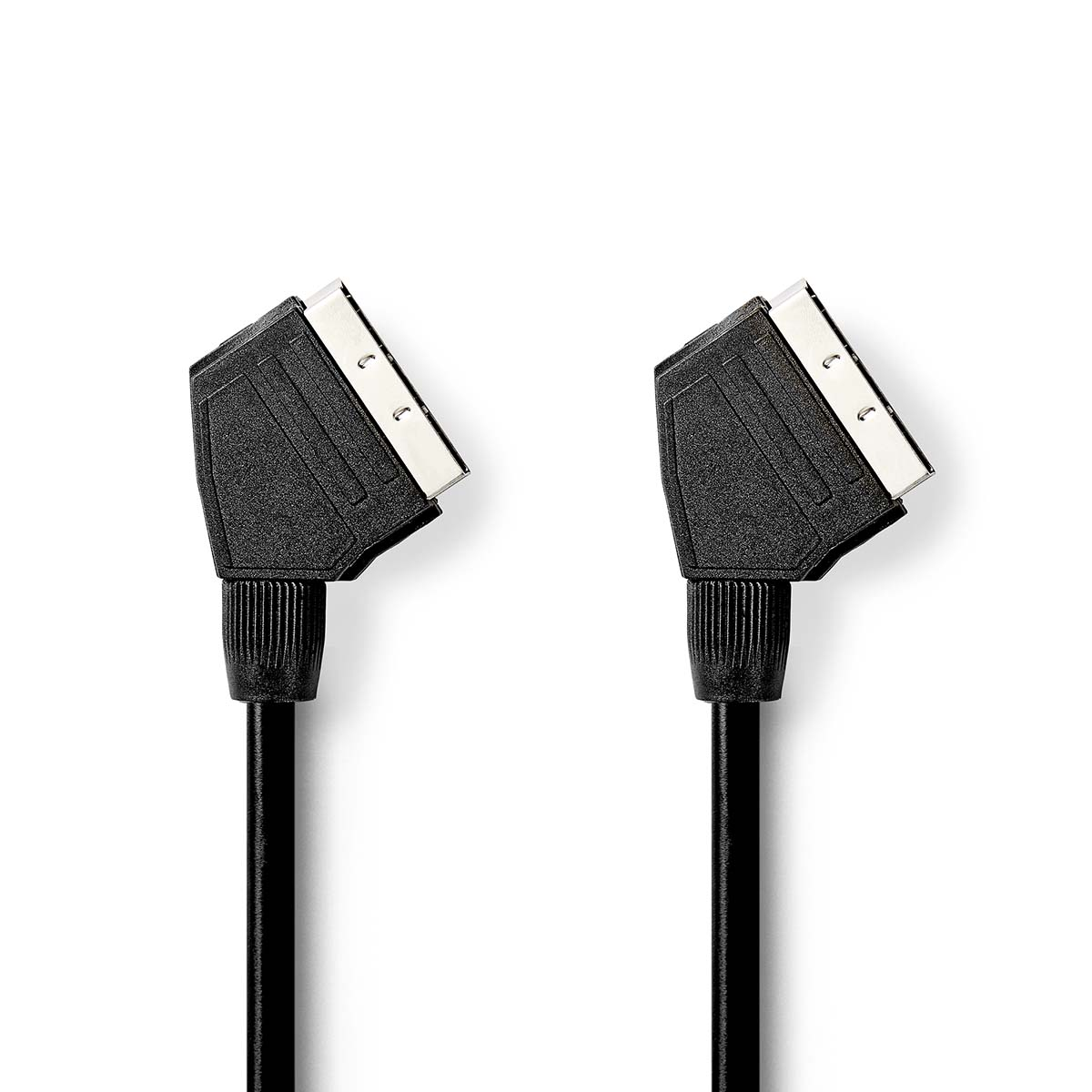 Zwei schwarze SCART-Anschlüsse auf weißem Hintergrund, an den Enden abgewinkelt.