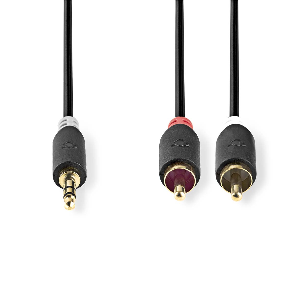 Three audio cables: one 3.5mm jack, one red RCA, and one white RCA connector, all on a white background.