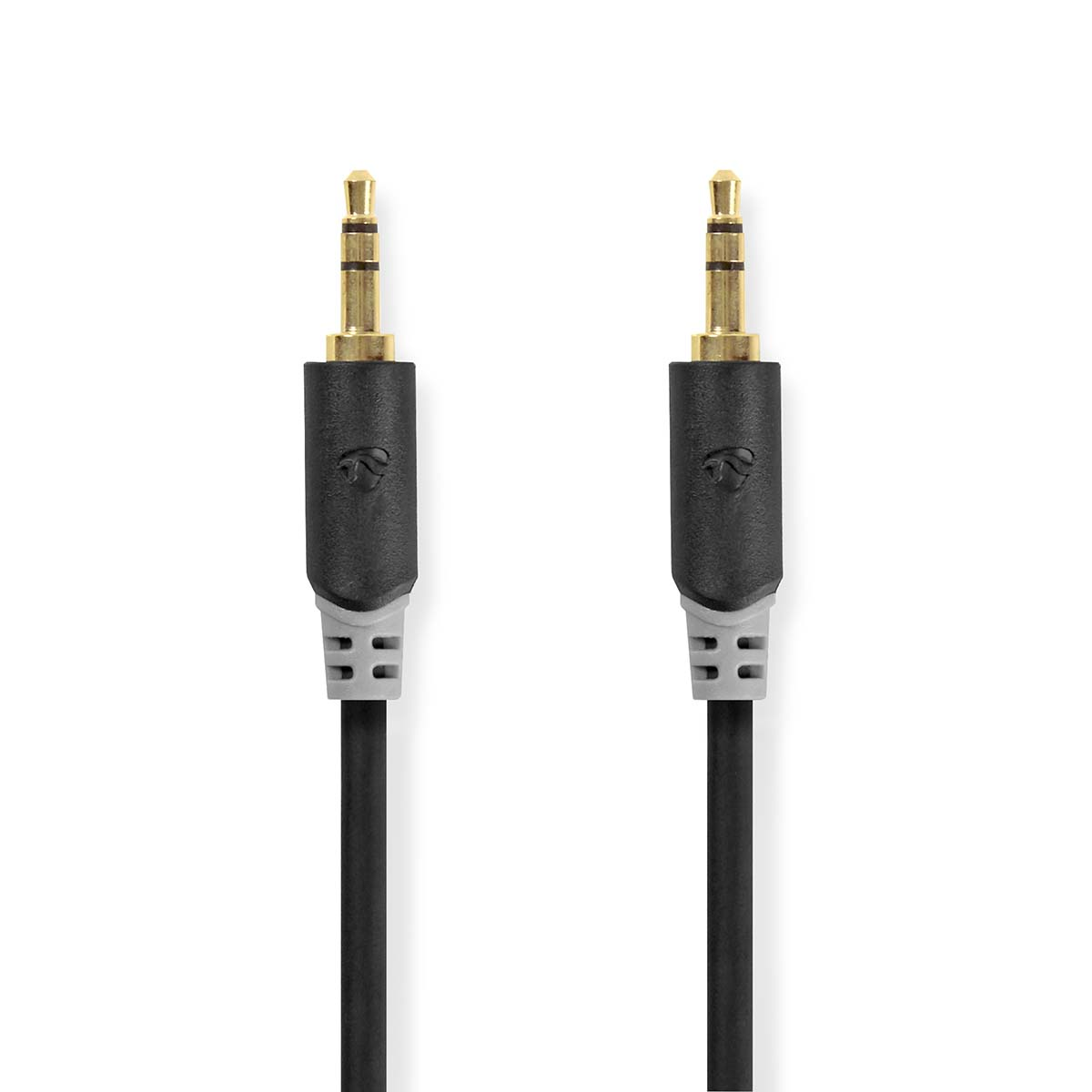 Deux câbles audio noirs et gris. Ils ont des connecteurs dorés.