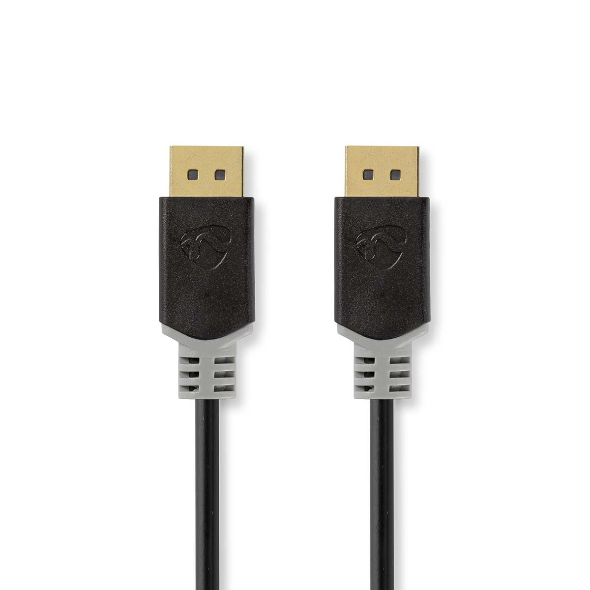 Deux câbles DisplayPort noirs sur fond blanc.