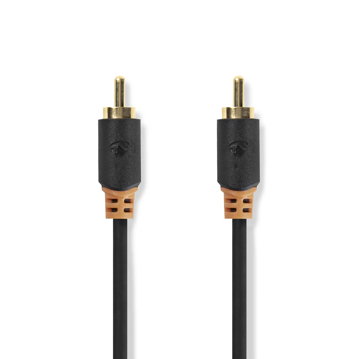 Two black RCA audio cables with gold-colored connectors and black/orange strain reliefs.