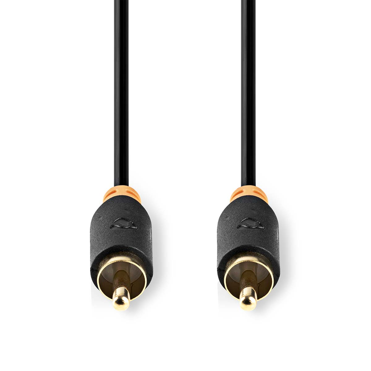 Two black RCA cables with gold-colored connectors. The connectors are cylindrical and have a logo.
