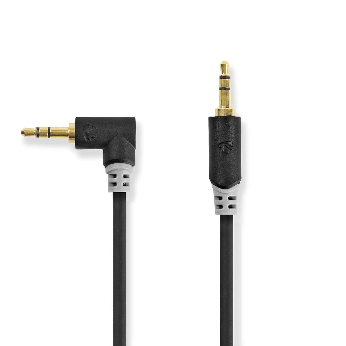 Câble audio noir et or avec connecteurs coudés et droits sur fond blanc.