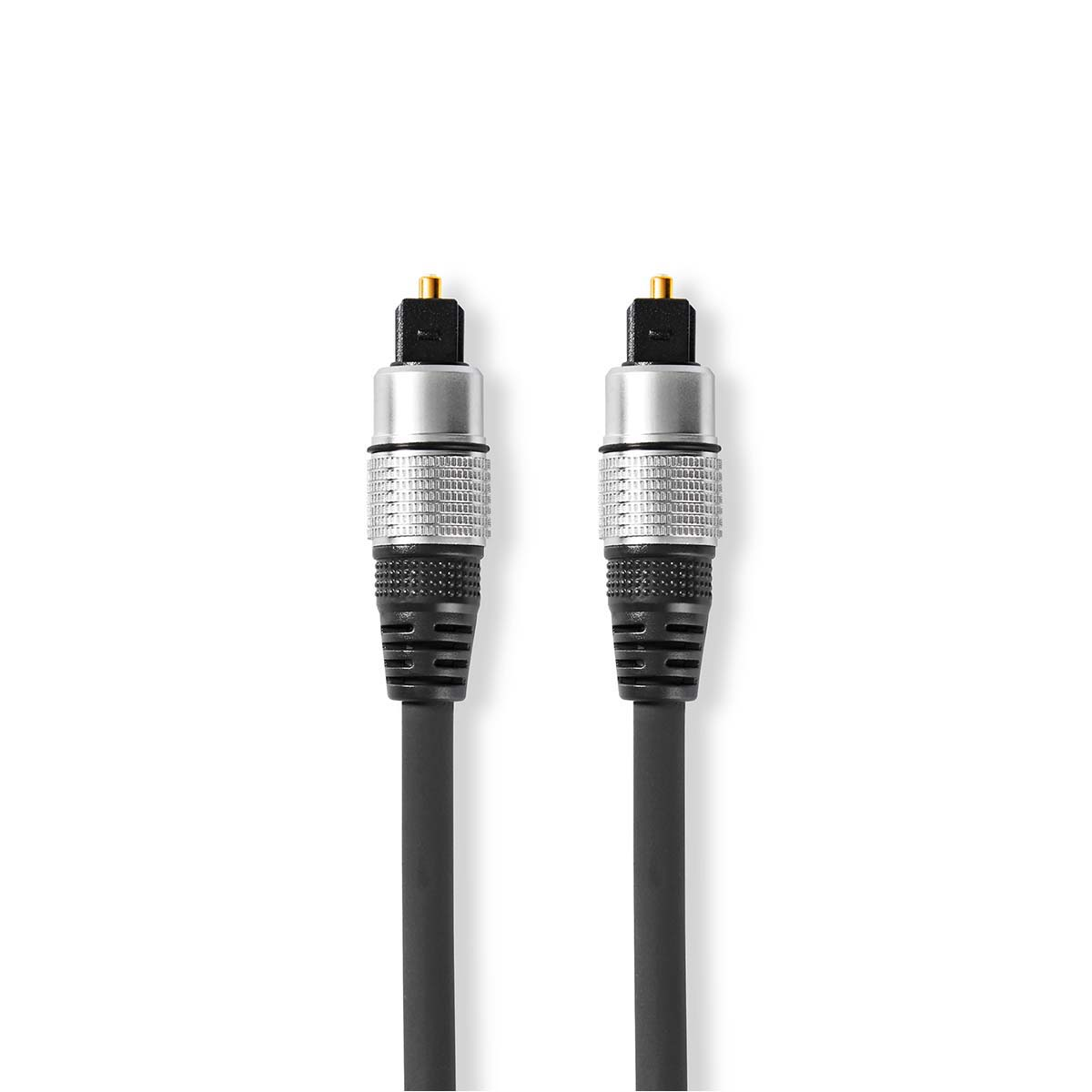 Due cavi in fibra ottica neri con estremità metalliche, su sfondo bianco.