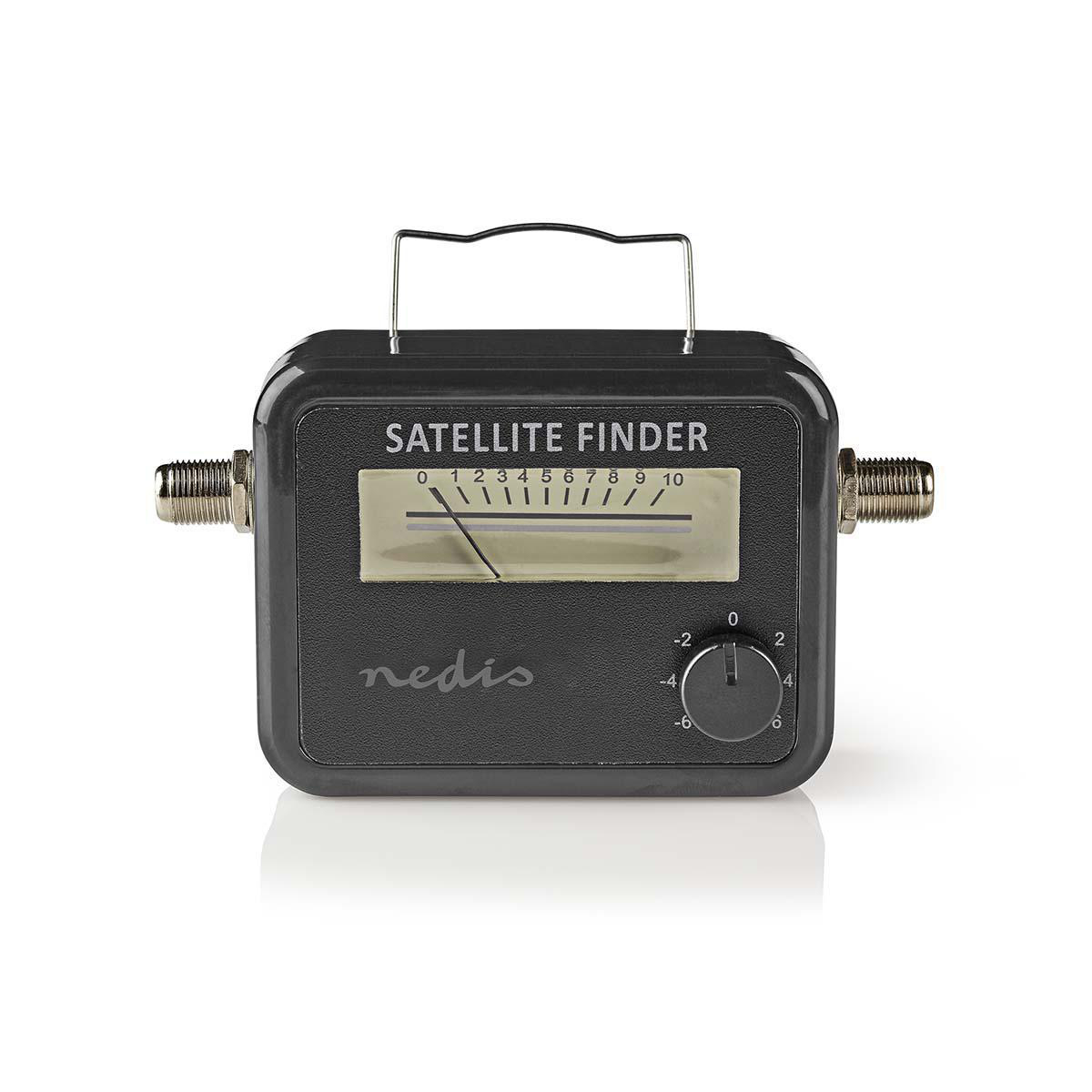 Un cercatore di satelliti nero con un misuratore e una maniglia. È su uno sfondo bianco.