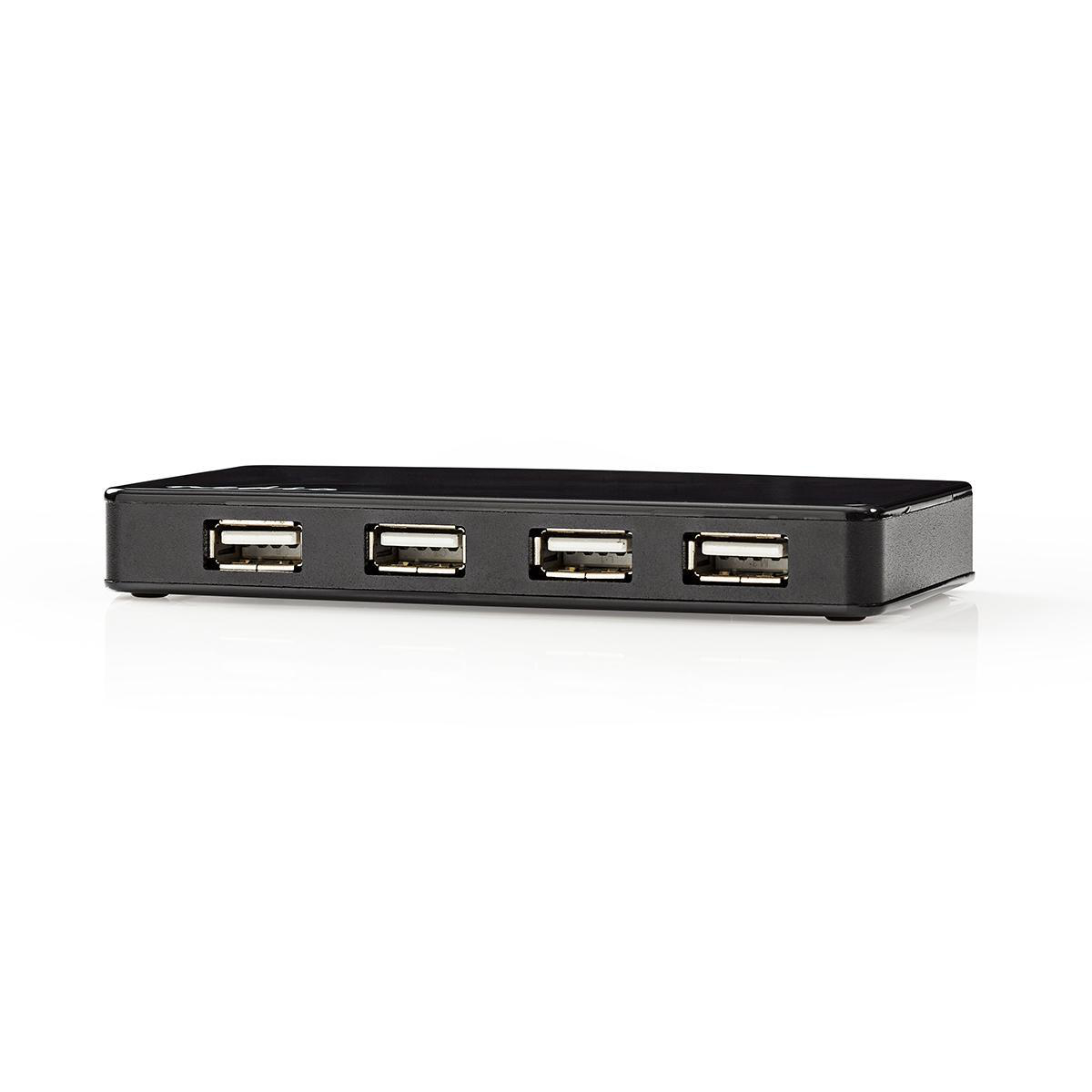 Een zwarte USB-hub met vier USB-poorten op een witte achtergrond.