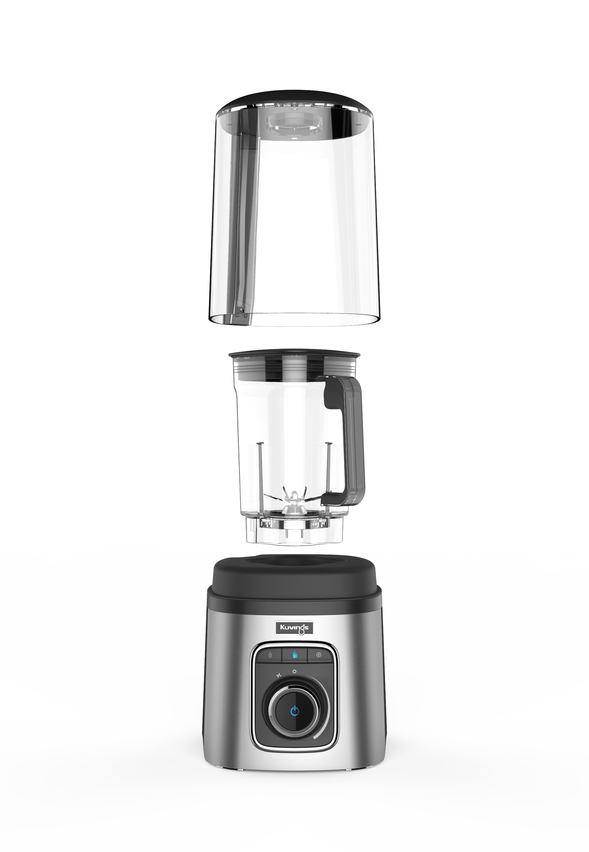 Srebrny blender z oddzielnymi elementami. Zawiera szklany słoik, podstawę i pokrywę, na białym tle.