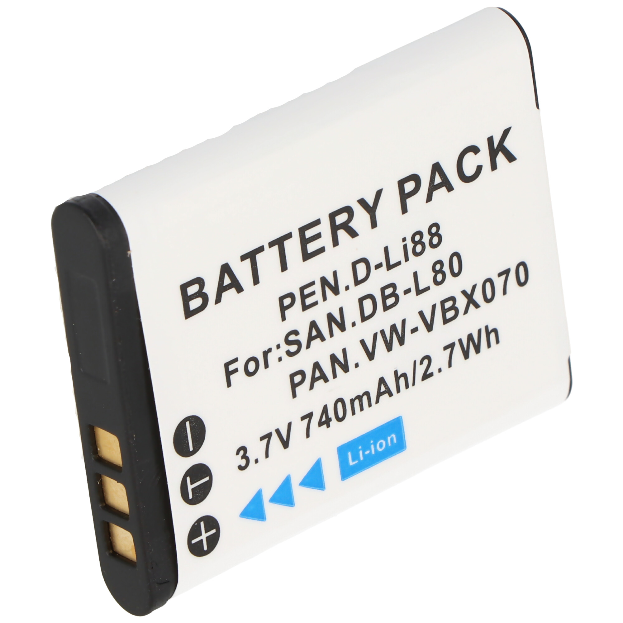 Weiß-schwarzer Akku mit Text: BATTERY PACK, Modell und Spezifikationen. Li-ion.