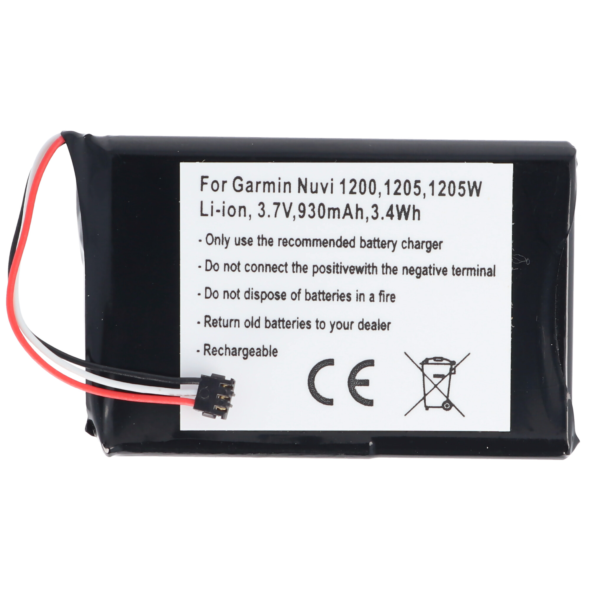 Schwarze Batterie mit Text, weißem Hintergrund und angeschlossenen Drähten.