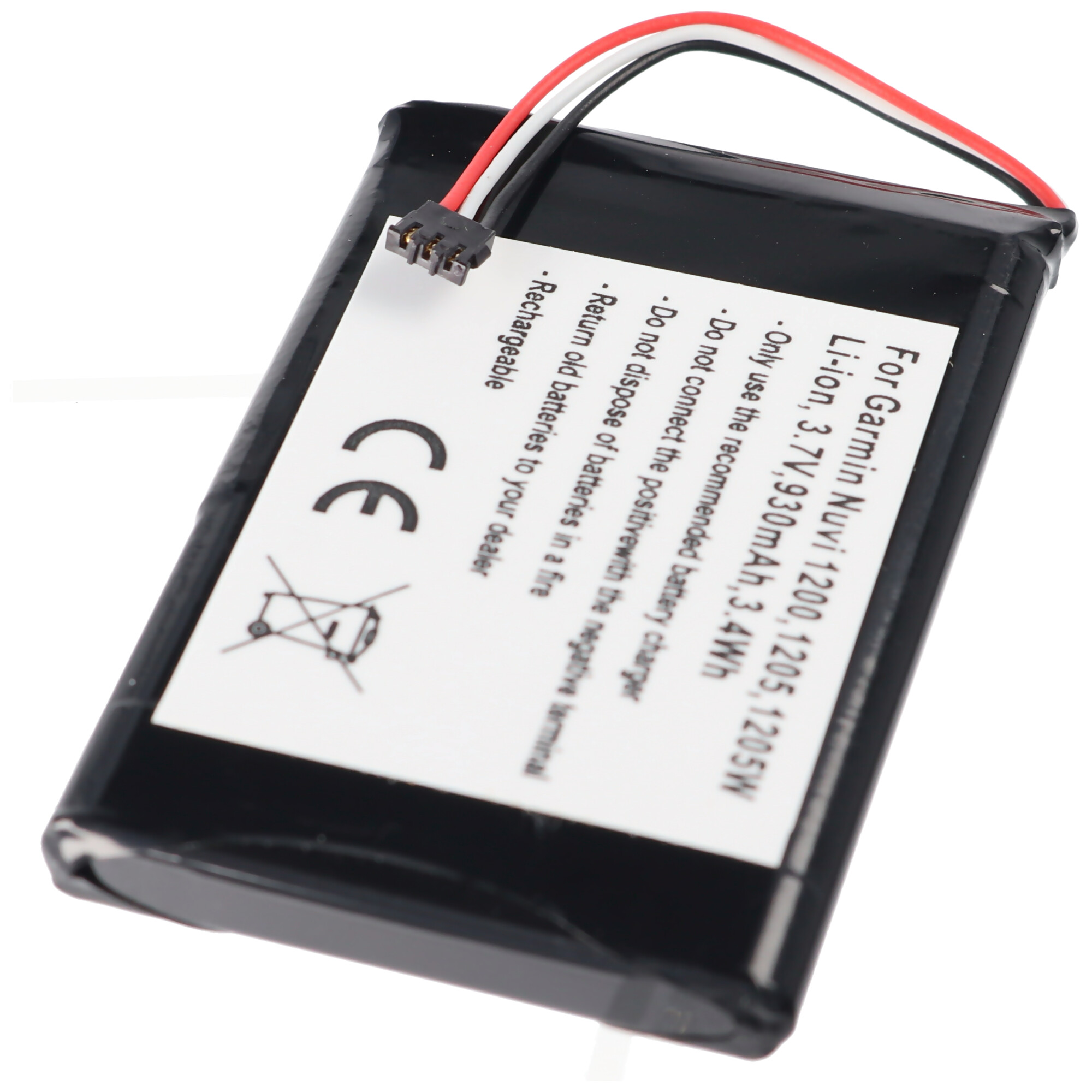 Schwarze Batterie mit weißem Etikett, CE-Zeichen und Text sowie einem Stecker mit Drähten.